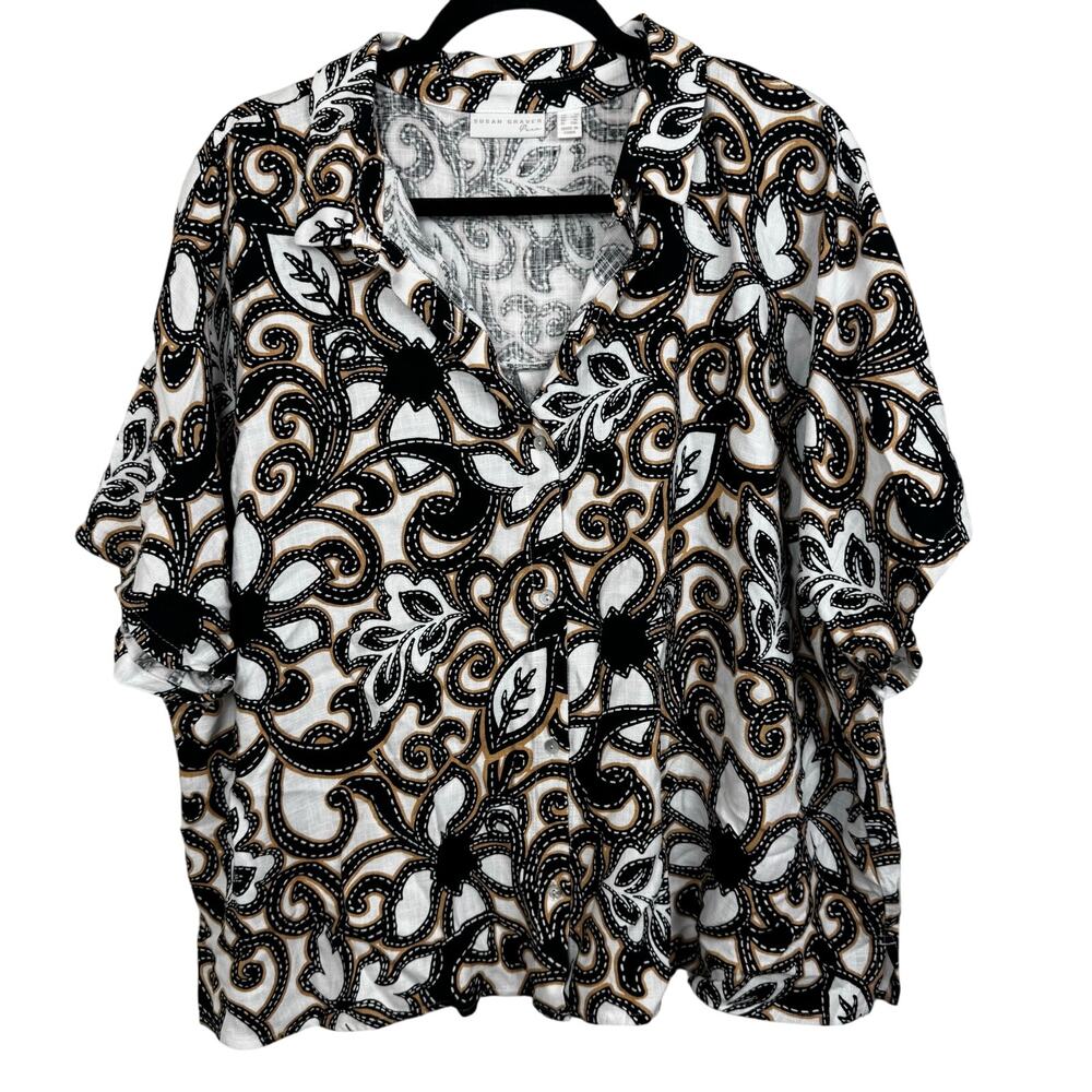 Susan Graver PURE Printed Linen Blend Elbow Sleeve Camp Shirt Black Tan Size 1X